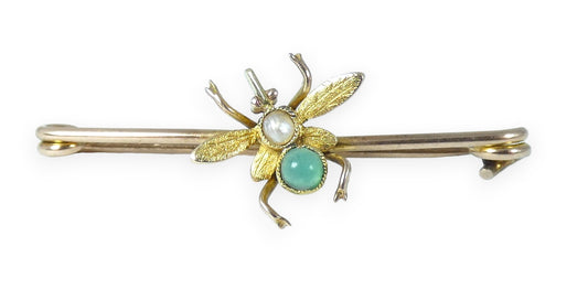 Antique Vintage 9ct Yellow Gold Seed Pearl & Moonstone Bug Fly Insect Bar Brooch