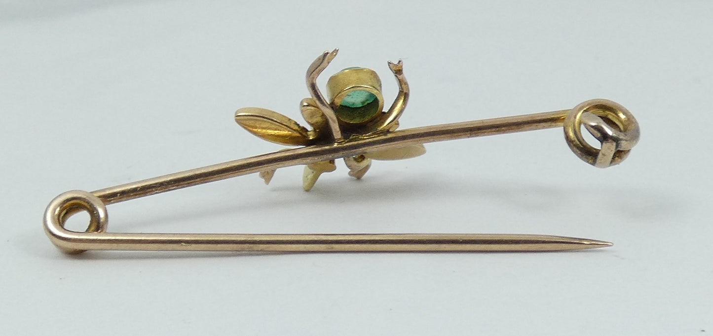 Antique Vintage 9ct Yellow Gold Seed Pearl & Moonstone Bug Fly Insect Bar Brooch