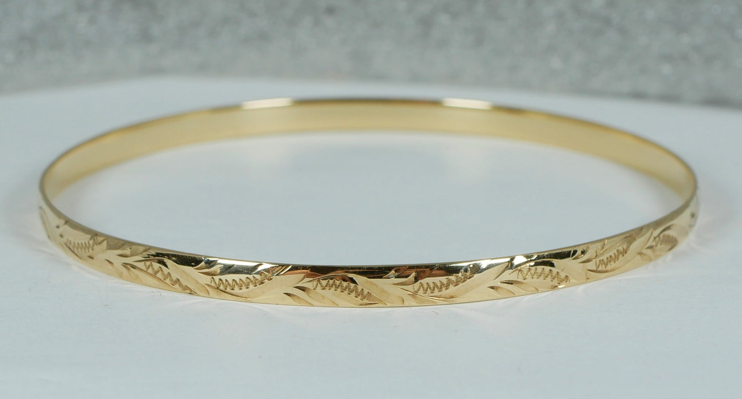Vintage Solid 9ct Yellow Gold 65mm 2.5" Bright Cut 4mm D Profile Bangle 7.35gm