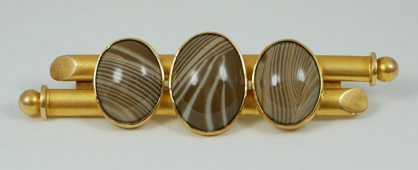 Antique Edwardian 1910 Australian Solid 15ct Yellow Gold Banded Agate Brooch 10g