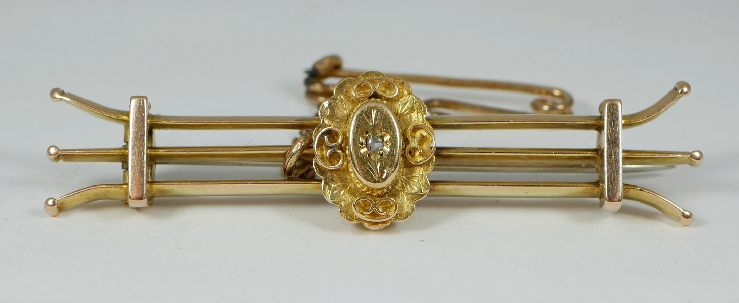 Antique Edwardian 1910 Heavy Solid 15ct Yellow Gold & Diamond Triple Brooch 9gm