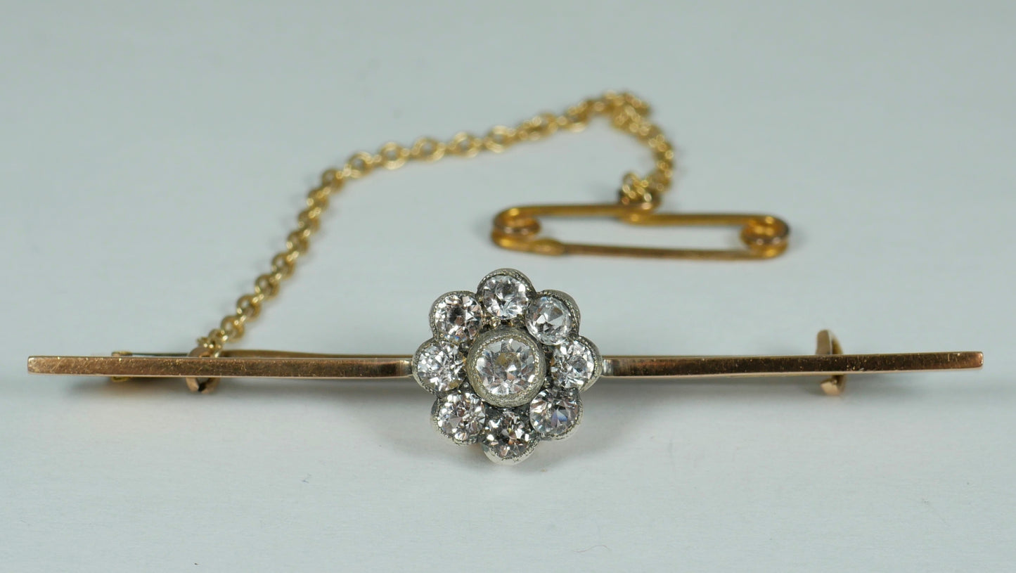 Antique Edwardian 1910 Solid 15ct Yellow Gold & White Sapphire Daisy Brooch Pin
