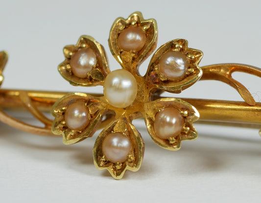 Antique Art Deco 1925 Solid 15ct Yellow Gold & Seed Pearl Cluster Flower Brooch