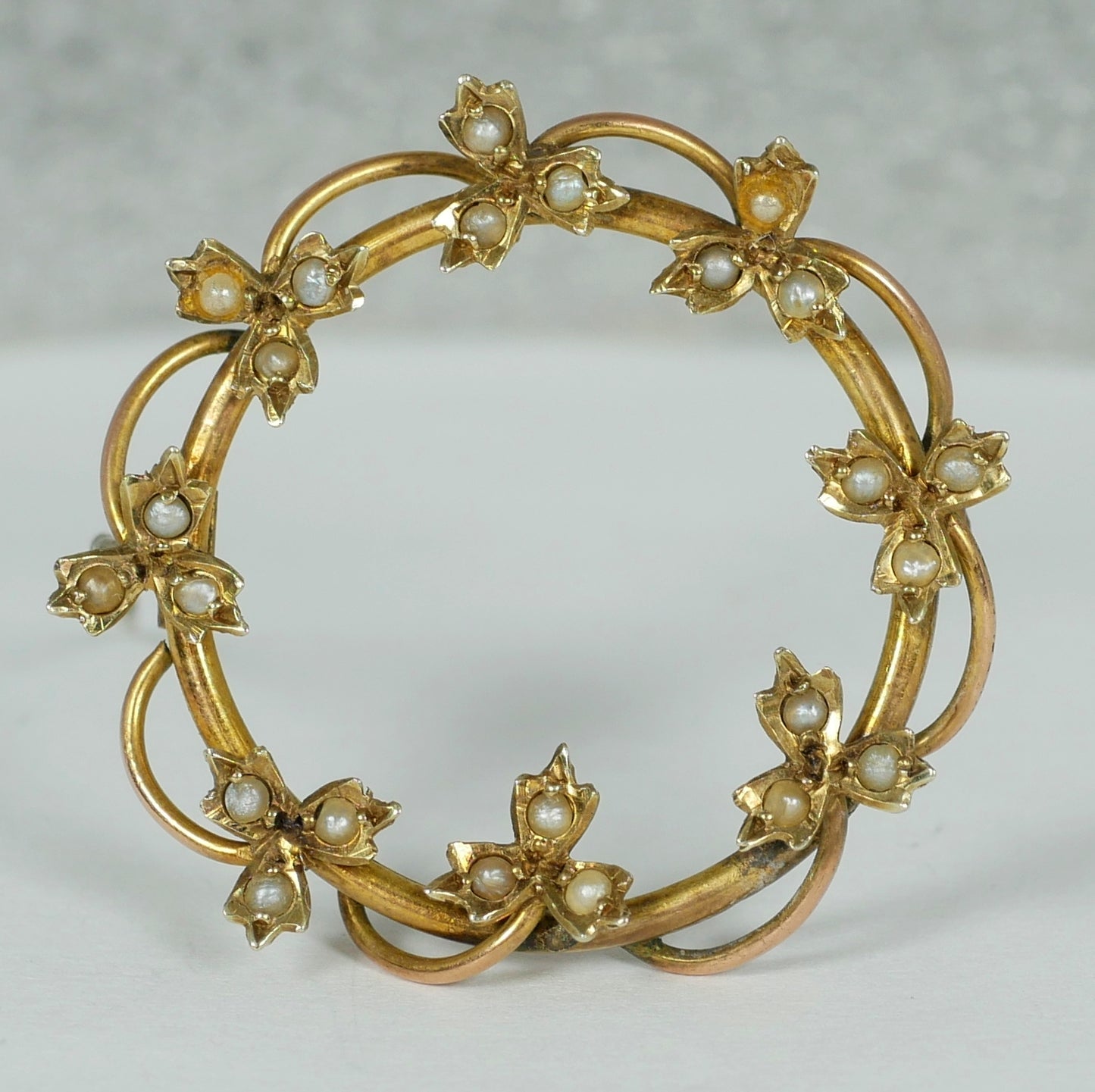 Antique Art Deco 1925 Solid 9ct Yellow Gold & Seed Pearl Ring Wreath Brooch Pin