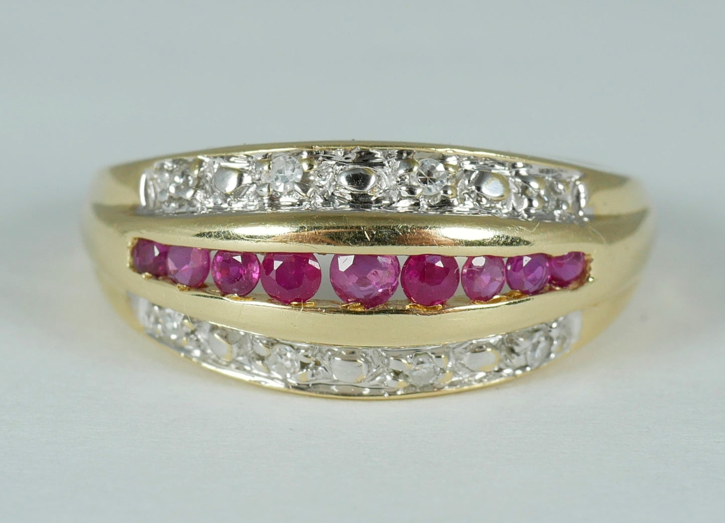 Solid 14ct Yellow Gold Channel Set Ruby & Diamond Cluster Dress Ring Size 7 N 54