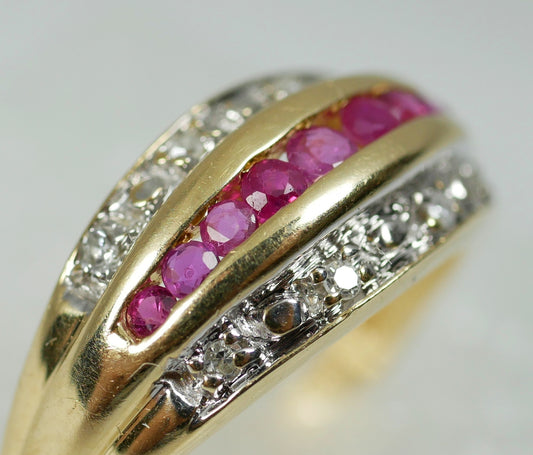 Solid 14ct Yellow Gold Channel Set Ruby & Diamond Cluster Dress Ring Size 7 N 54