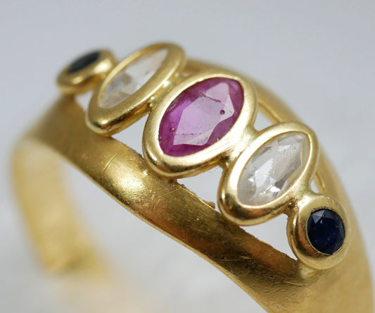 Solid 18ct Yellow Gold Marquise Ruby & Sapphire 5 Stone Dress Ring Size 7.5 O 55