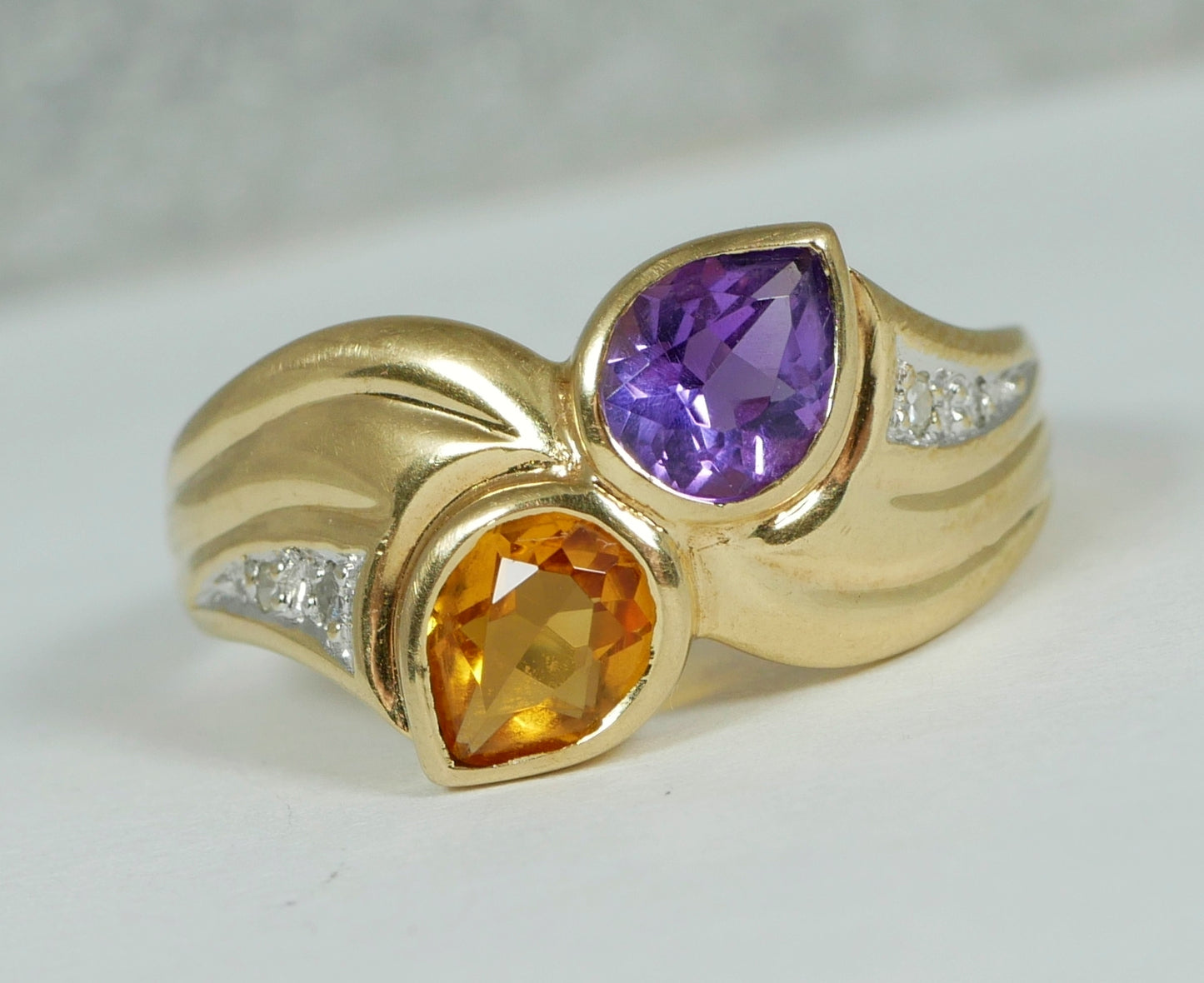 Solid 9ct Yellow Gold Amethyst Citrine Diamond Toi et Moi Dress Ring Size 7 N 54