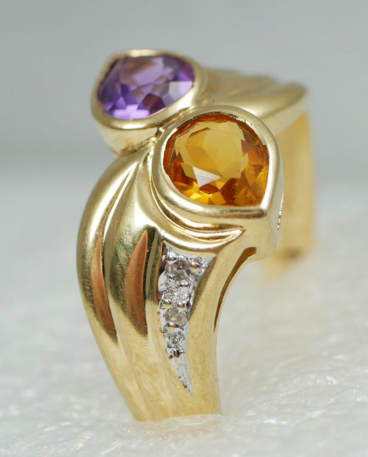 Solid 9ct Yellow Gold Amethyst Citrine Diamond Toi et Moi Dress Ring Size 7 N 54