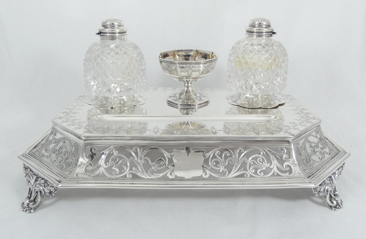 Antique Victorian 1863 Large Sterling Silver Desk Set Standish Inkwell Ink Well