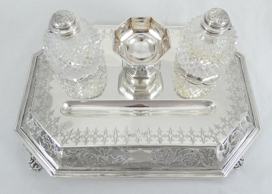 Antique Victorian 1863 Large Sterling Silver Desk Set Standish Inkwell Ink Well