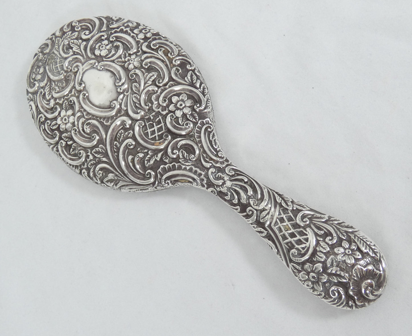 Antique Edwardian 1901 Sterling Silver Repousse Hand Vanity Table Mirror Floral