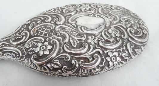 Antique Edwardian 1901 Sterling Silver Repousse Hand Vanity Table Mirror Floral
