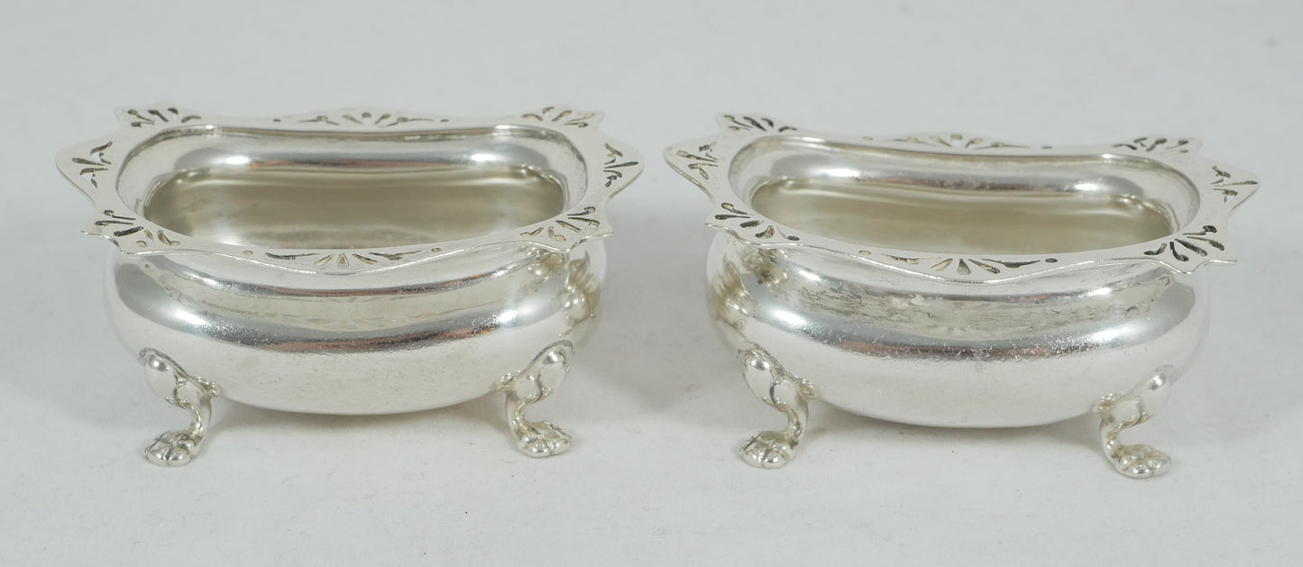 Antique Edwardian 1909 Pair of Sterling Silver Open Salt Cellars Bowls Set E&Co