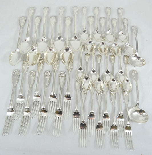 Antique Georgian 1836 42pc 8pl Sterling Silver Cutlery Set Fiddle Thread & Shell