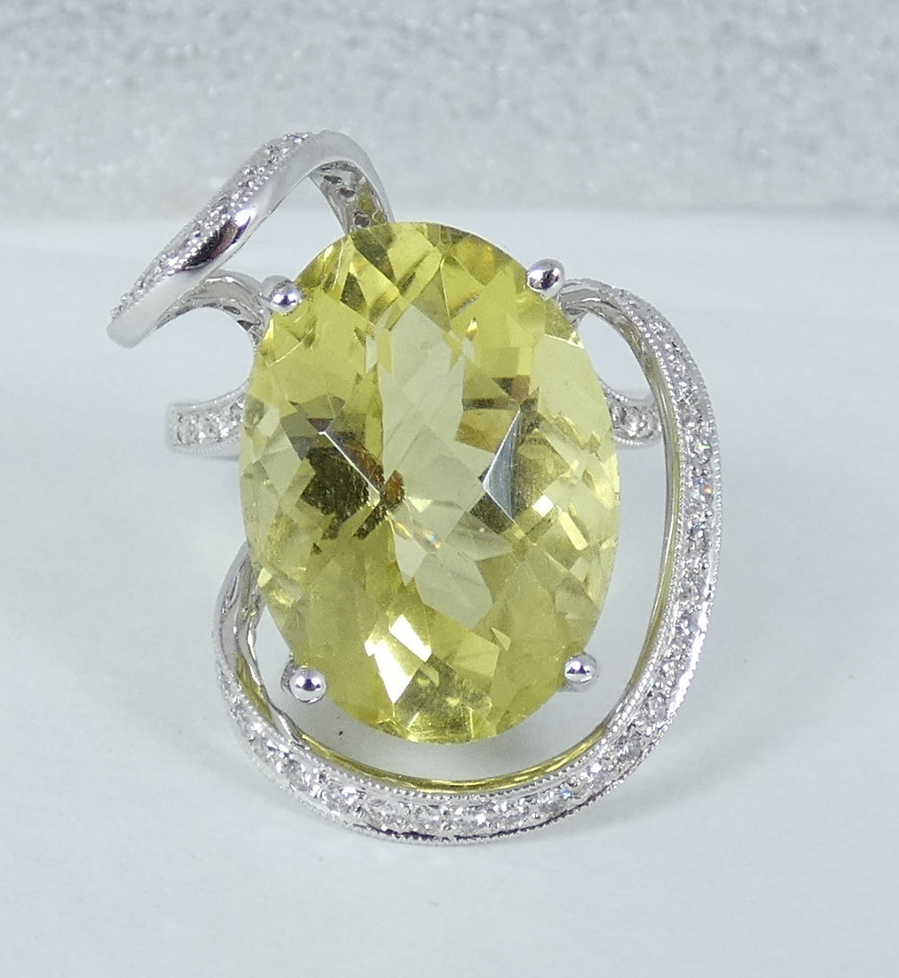 Solid 18ct White Gold Lemon Quartz & Diamond Cocktail Dress Ring Size 6.5 M 52