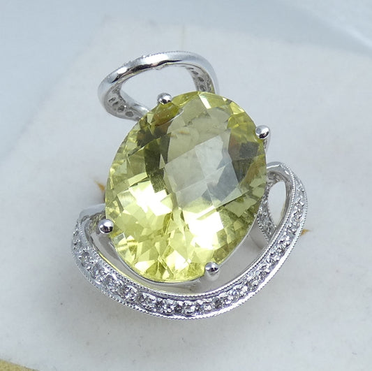 Solid 18ct White Gold Lemon Quartz & Diamond Cocktail Dress Ring Size 6.5 M 52