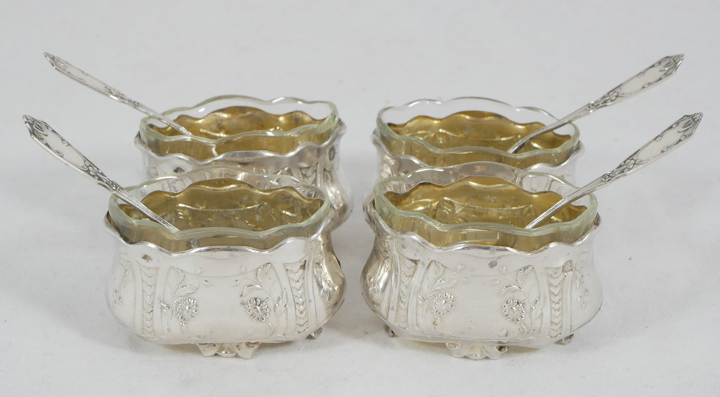 Antique Set of 4 French Sterling Silver Open Salt Cellars Bowls & Spoons Cruet