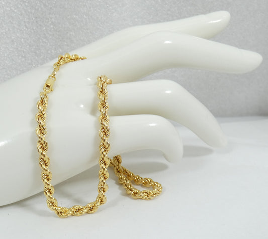 English Solid 9ct Yellow Gold 41cm 16" Twisted Rope 4mm Link Necklace Chain 375