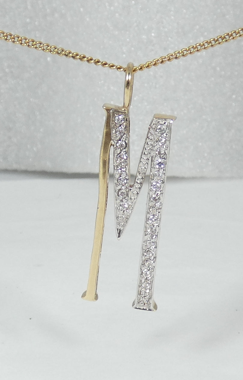 Solid 9ct Yellow Gold & CZ Large 31mm Letter M Necklace Pendant Alphabet Initial