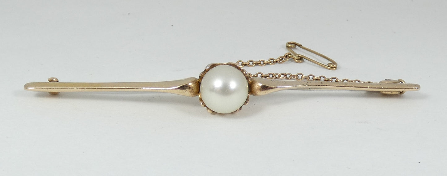 Vintage Solid 9ct Yellow Gold 8mm Round Pearl 65mm Bar Brooch Pin & Safety Chain