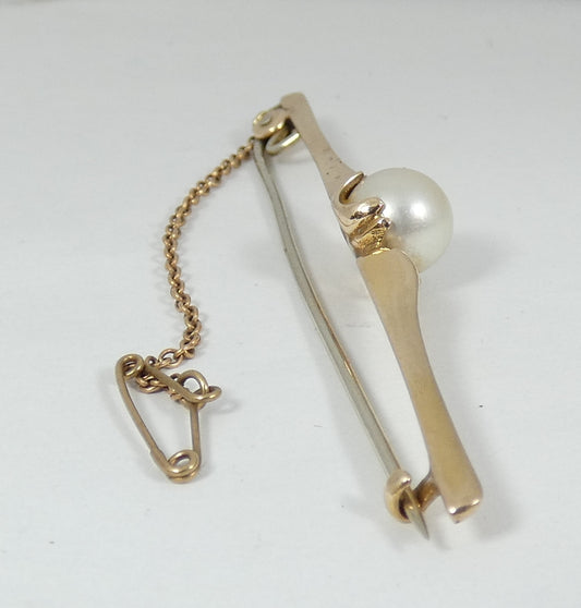 Vintage Solid 9ct Yellow Gold 8mm Round Pearl 65mm Bar Brooch Pin & Safety Chain