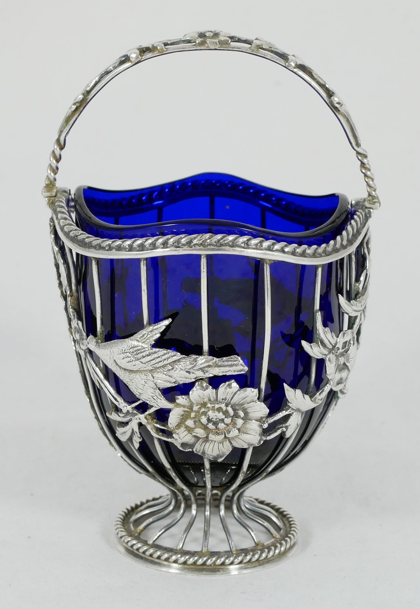 Antique Edwardian 1908 Sterling Silver Sugar Basket Bowl Birds Flower Blue Glass