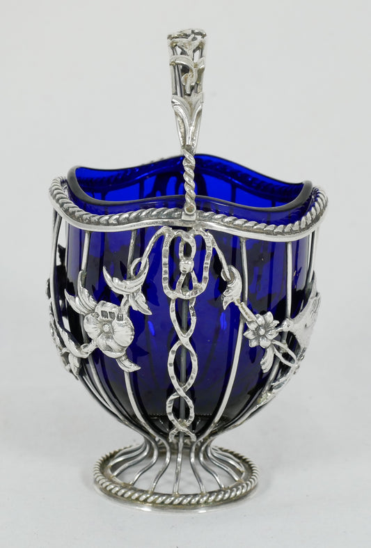 Antique Edwardian 1908 Sterling Silver Sugar Basket Bowl Birds Flower Blue Glass