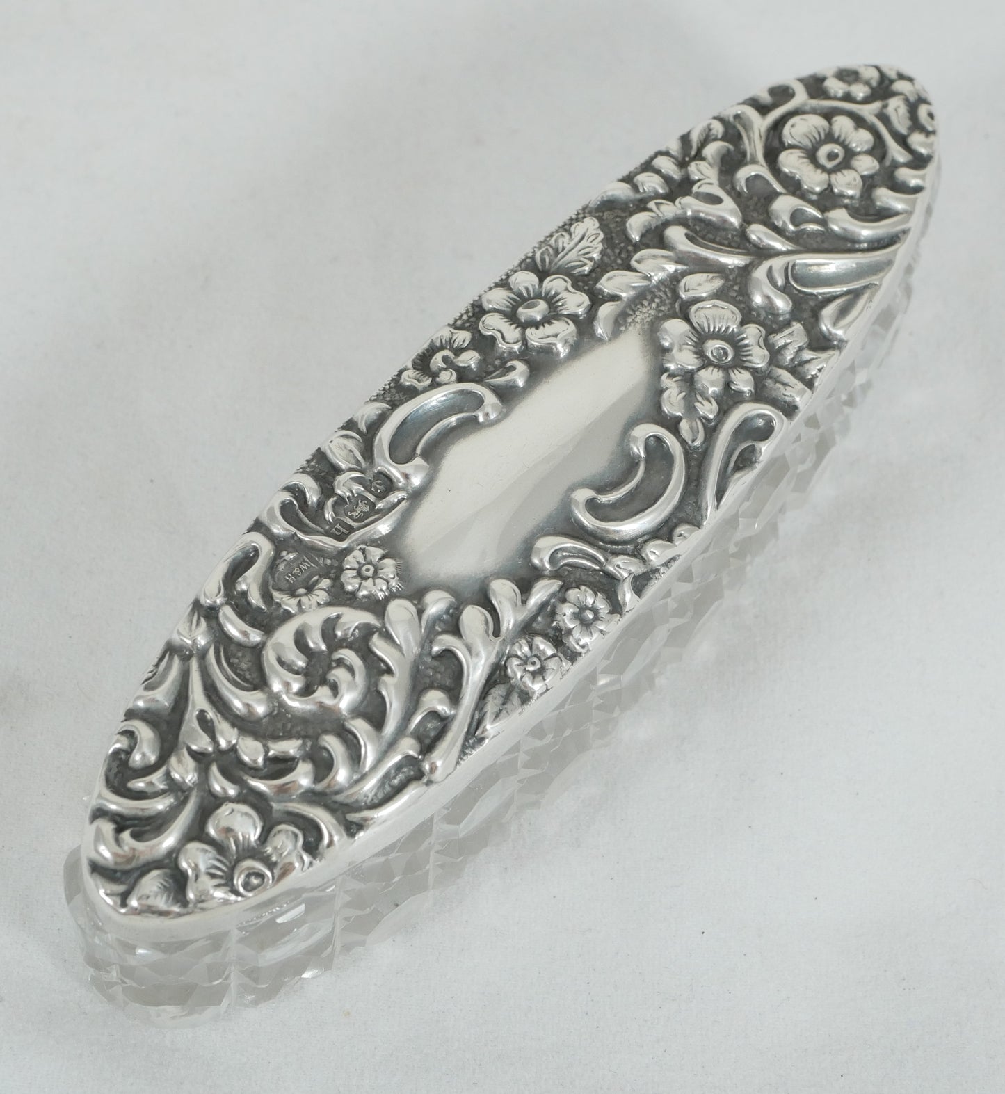 Antique Edwardian 1907 Repousse Sterling Silver Cut Glass Oval Bottle Vanity Jar