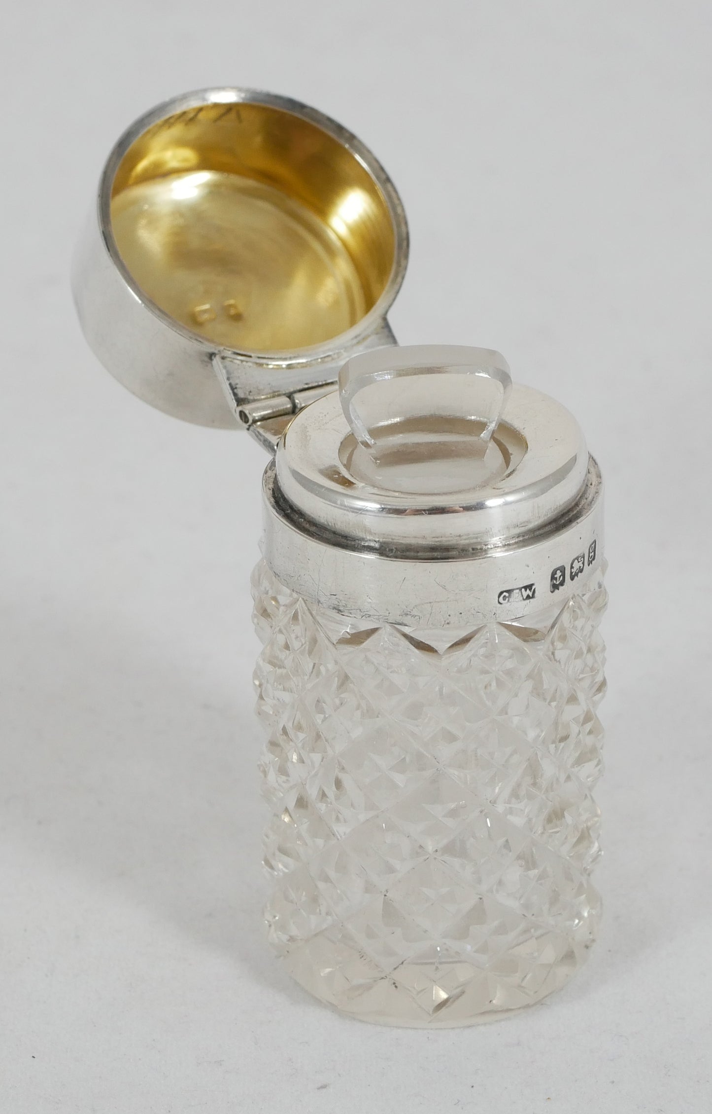 Antique Edwardian 1906 Sterling Silver Cut Glass Scent Perfume Bottle Vanity Jar