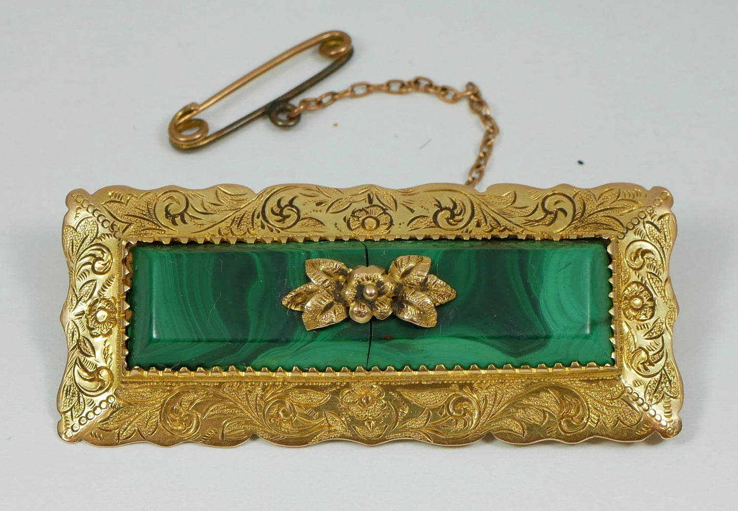 Antique Art Deco Large Solid 15ct Yellow Gold Malachite Panel Heavy Brooch Pin