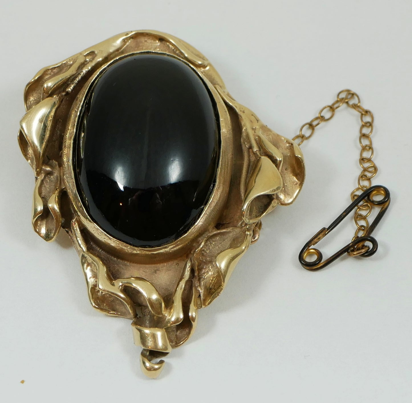 Vintage Art Nouveau Large Solid 9ct Yellow Gold Onyx Cabochon Heavy Brooch Pin