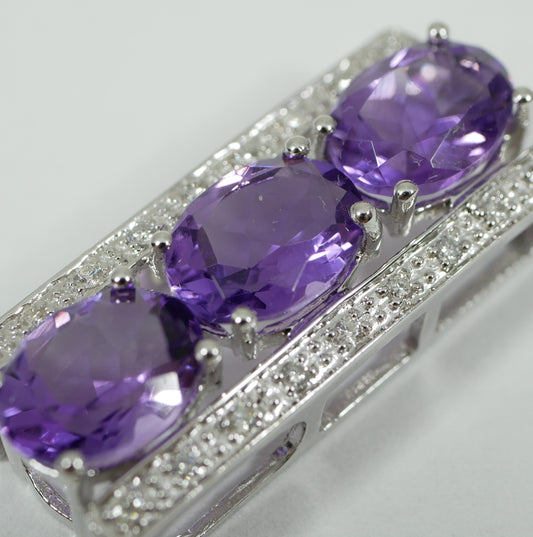 Modern Solid 14ct White Gold Oval Cut Amethyst & Diamond 23mm Necklace Pendant