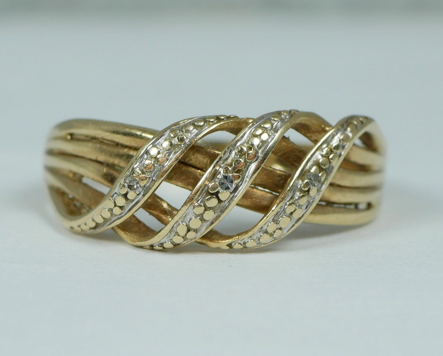 Contemporary Solid 9ct Yellow Gold & Diamond Crossover Dress Ring Size 6 L 51