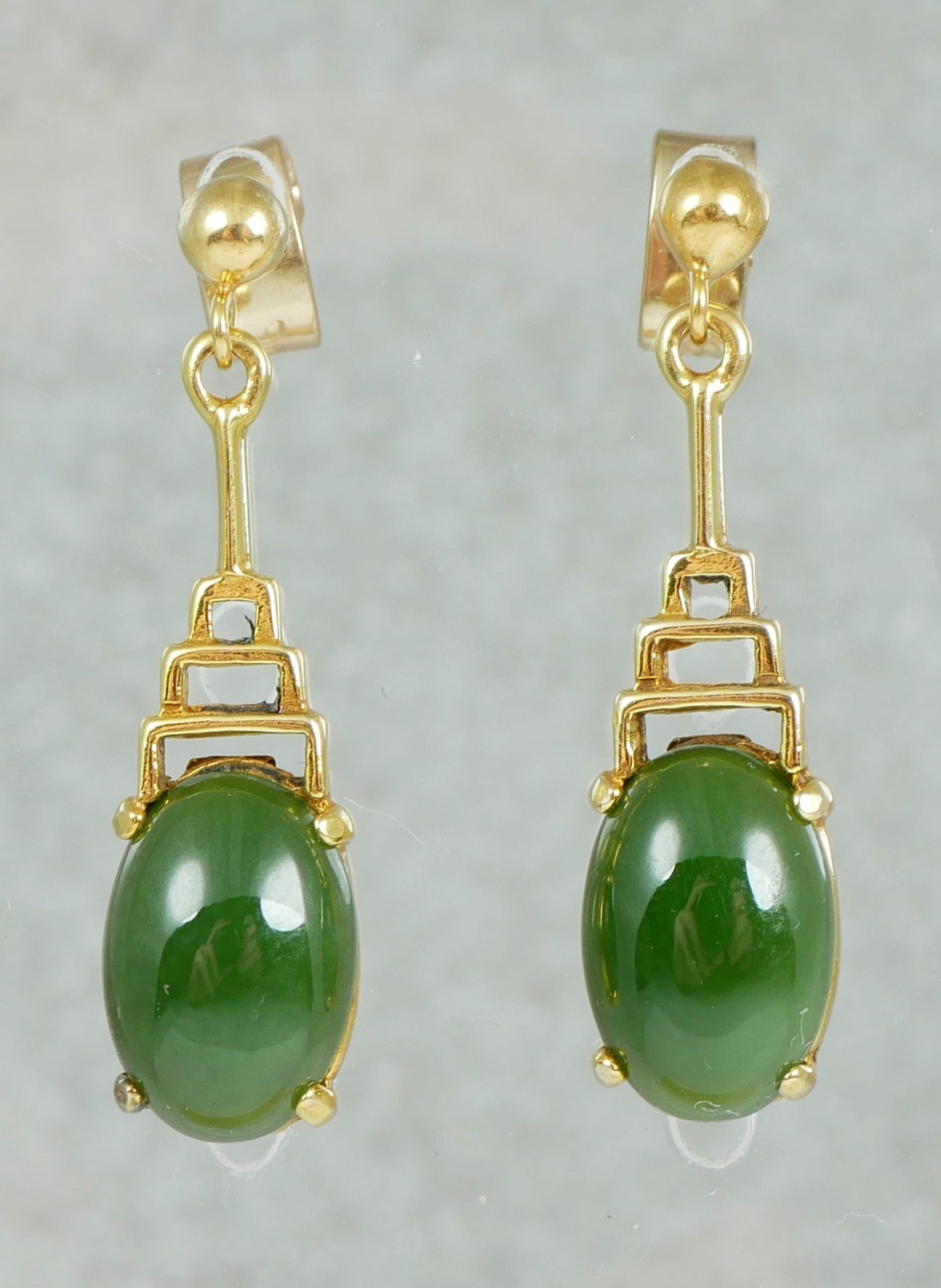 Vintage Pair of Solid 9ct Yellow Gold & Jade Cabochon 27mm Stud Earrings Set 375