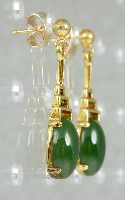 Vintage Pair of Solid 9ct Yellow Gold & Jade Cabochon 27mm Stud Earrings Set 375