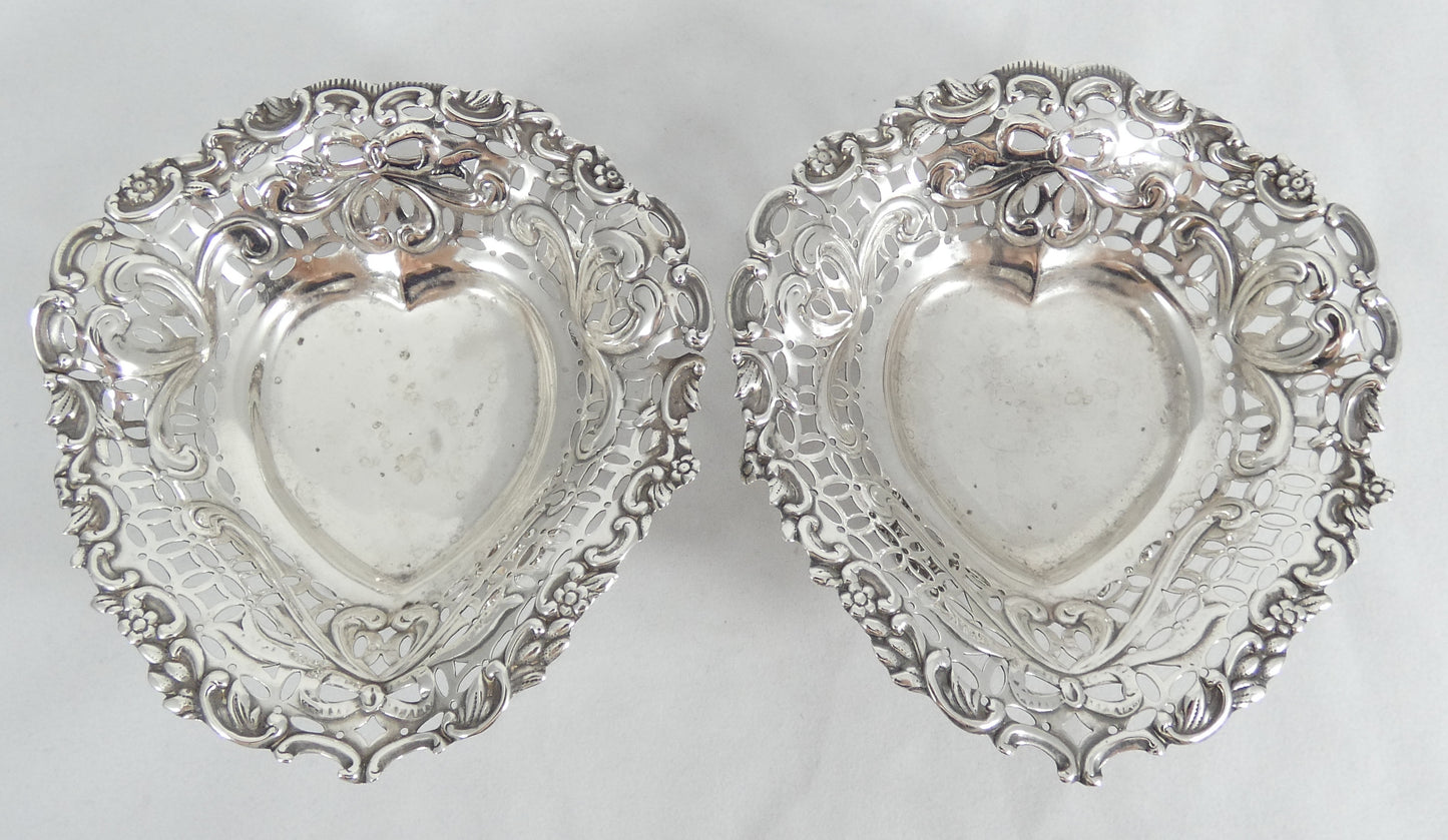 Antique Victorian 1894 Pair of Sterling Silver Heart Bon Bon Lolly Dishes Bowls