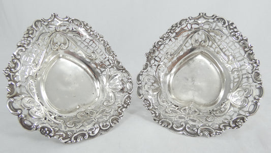Antique Victorian 1894 Pair of Sterling Silver Heart Bon Bon Lolly Dishes Bowls