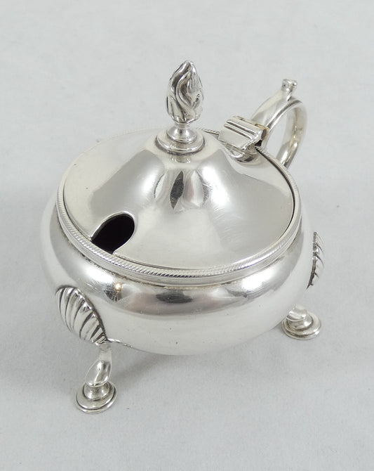 Antique Victorian 1899 Sterling Silver Blue Glass Cauldron Mustard Pot Cruet Set