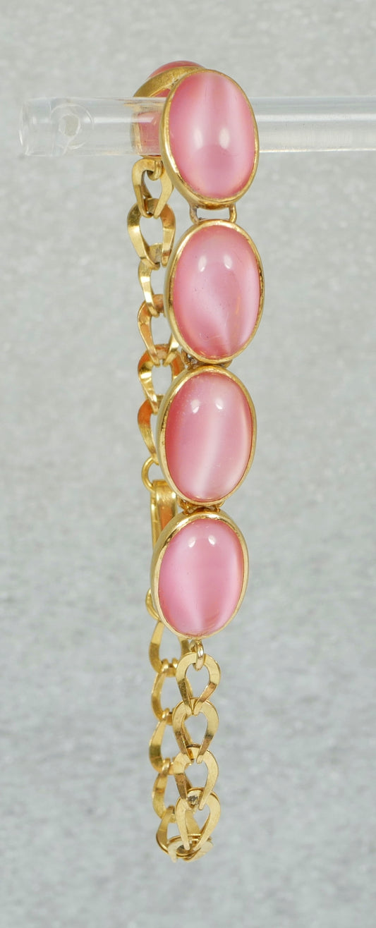 Vintage Chinese Solid 21ct Yellow Gold Pink Cat's Eye Stone 16cm 6" Bracelet Cat