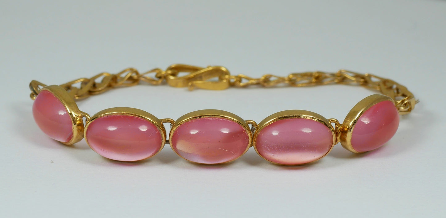 Vintage Chinese Solid 21ct Yellow Gold Pink Cat's Eye Stone 16cm 6" Bracelet Cat