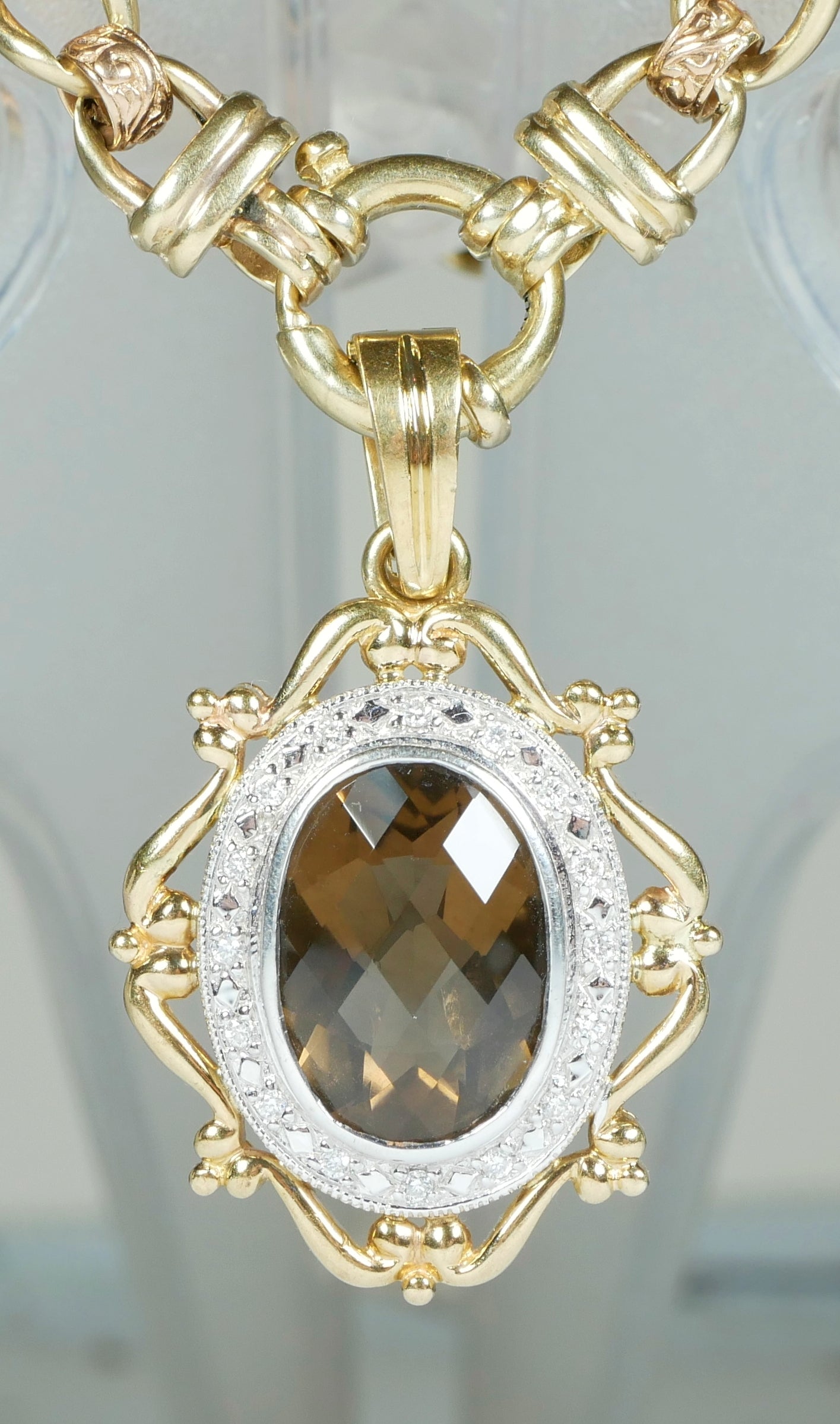 Solid 9ct Yellow White Gold Large Smoky Quartz Diamond Enhancer Necklace Pendant