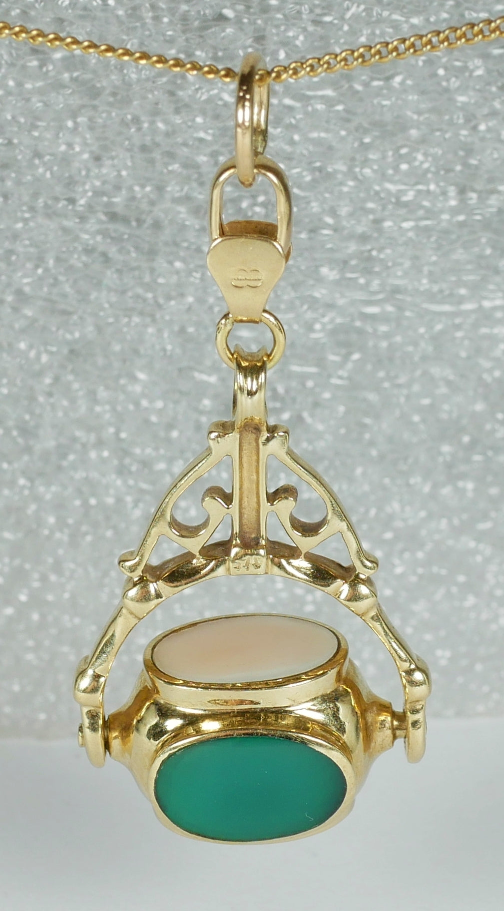 Italian Solid 9ct Yellow Gold Large 45mm Agate Onyx Spinner Fob Necklace Pendant