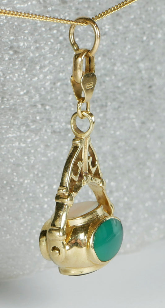 Italian Solid 9ct Yellow Gold Large 45mm Agate Onyx Spinner Fob Necklace Pendant