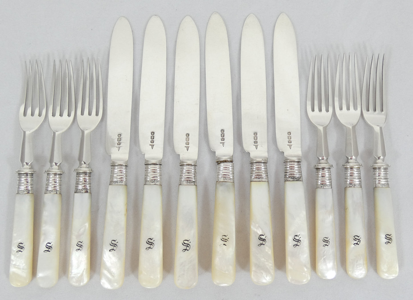 Antique Edwardian 1912 Sterling Silver MOP Knife Fork Fruit Dessert Cutlery Set