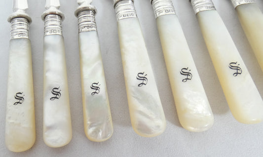 Antique Edwardian 1912 Sterling Silver MOP Knife Fork Fruit Dessert Cutlery Set