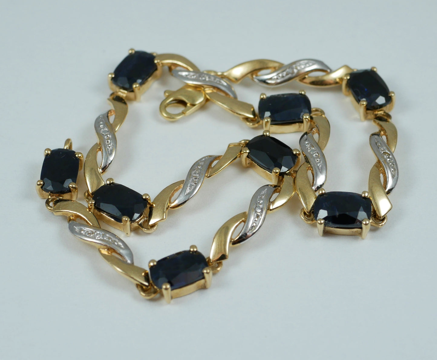 Solid 10ct Yellow Gold Natural Blue Sapphire & Diamond 19cm 7.5" Panel Bracelet
