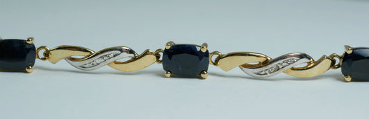 Solid 10ct Yellow Gold Natural Blue Sapphire & Diamond 19cm 7.5" Panel Bracelet
