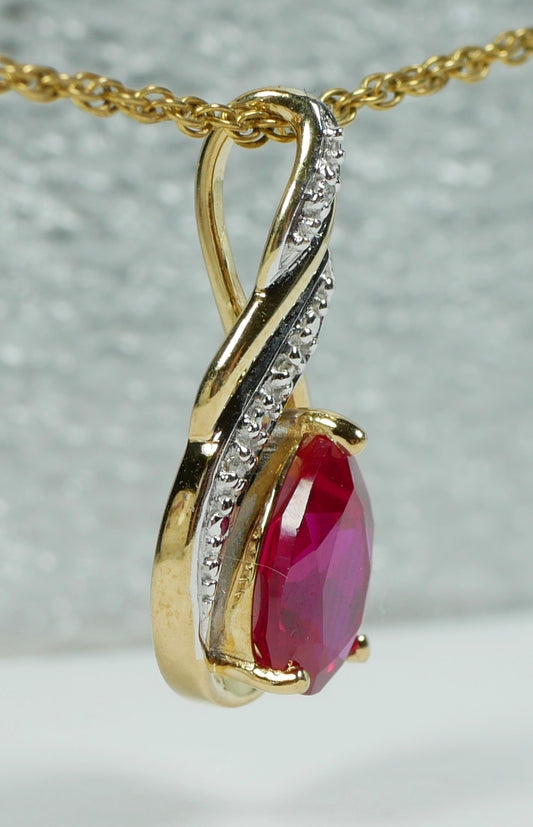 Solid 9ct Yellow Gold Pear Cut 1.81ct Ruby & Diamond 21mm Necklace Pendant 375