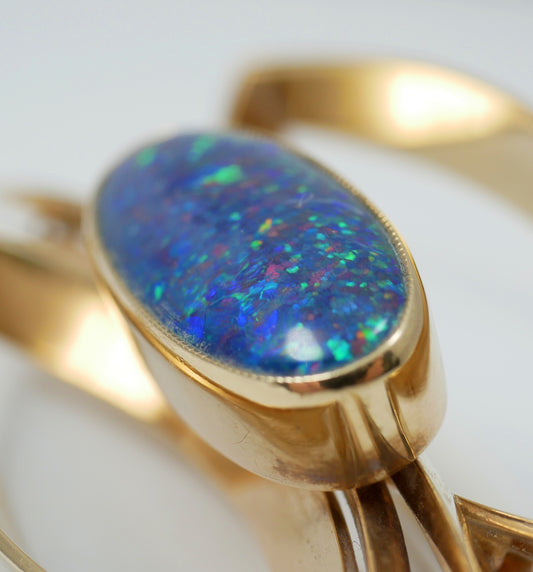 Vintage Retro Large Solid 9ct Yellow Gold Black Opal Doublet Bar Brooch Pin 11gm
